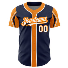 Load image into Gallery viewer, Custom Navy White-Bay Orange 3 Colors Arm Shapes Authentic Baseball Jersey
