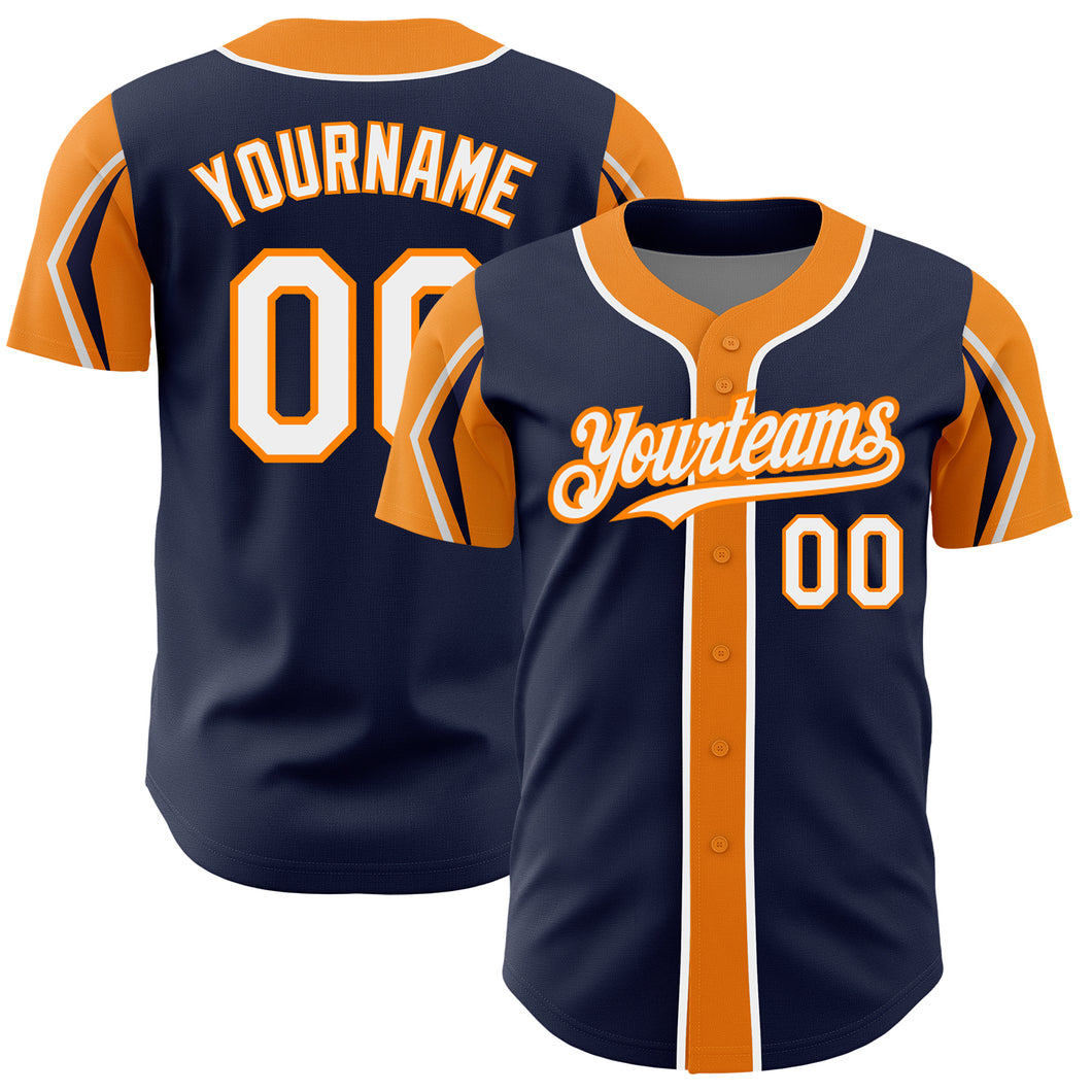 Custom Navy White-Bay Orange 3 Colors Arm Shapes Authentic Baseball Jersey