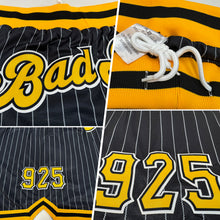 Load image into Gallery viewer, Custom Black White Pinstripe Gold-White Authentic Basketball Shorts
