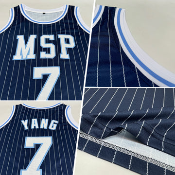 Custom Navy White Pinstripe White-Light Blue Authentic Basketball Jersey