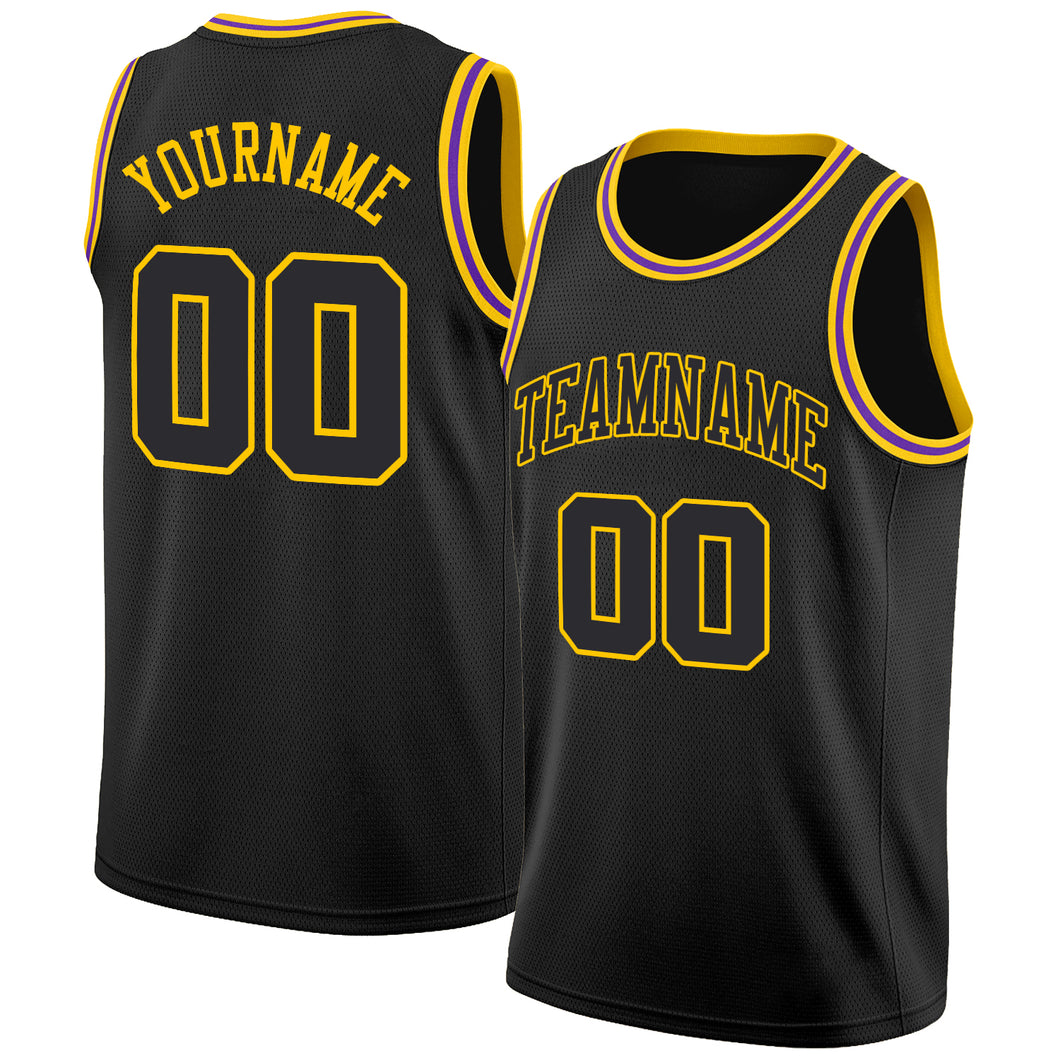 Custom Black Black-Gold Round Neck Rib-Knit Basketball Jersey