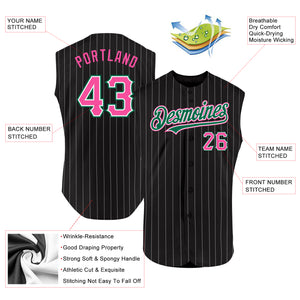 Custom Black White Pinstripe Pink-Kelly Green Authentic Sleeveless Baseball Jersey