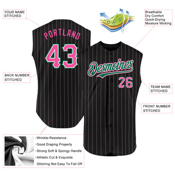 Custom Black White Pinstripe Pink-Kelly Green Authentic Sleeveless Baseball Jersey