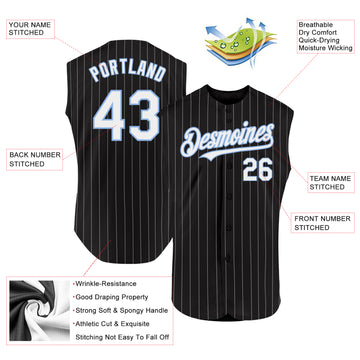 Custom Black White Pinstripe Light Blue Authentic Sleeveless Baseball Jersey