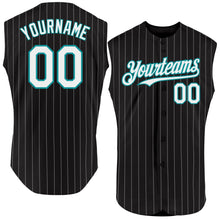 Laden Sie das Bild in den Galerie-Viewer, Custom Black White Pinstripe Teal Authentic Sleeveless Baseball Jersey
