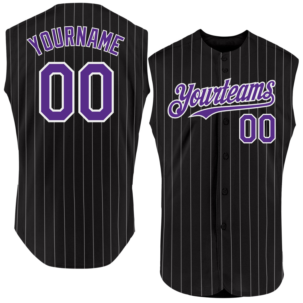 Custom Black White Pinstripe Purple Authentic Sleeveless Baseball Jersey