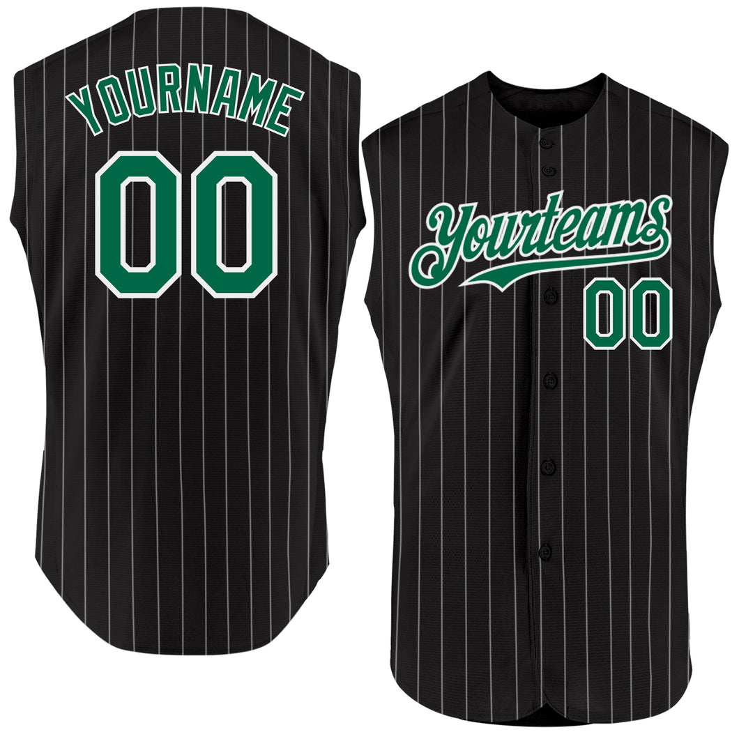 Custom Black White Pinstripe Kelly Green Authentic Sleeveless Baseball Jersey