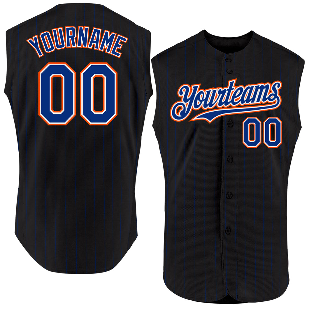 Custom Black Royal Pinstripe White-Orange Authentic Sleeveless Baseball Jersey