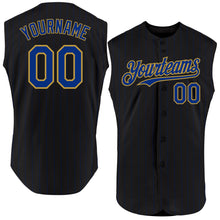 Load image into Gallery viewer, Custom Black Royal Pinstripe Old Gold Authentic Sleeveless Baseball Jersey
