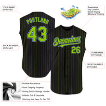 Laden Sie das Bild in den Galerie-Viewer, Custom Black Neon Green Pinstripe Light Blue Authentic Sleeveless Baseball Jersey
