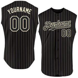 Custom Black Cream Pinstripe Cream Authentic Sleeveless Baseball Jersey