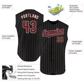 Custom Black Cream Pinstripe Crimson Authentic Sleeveless Baseball Jersey