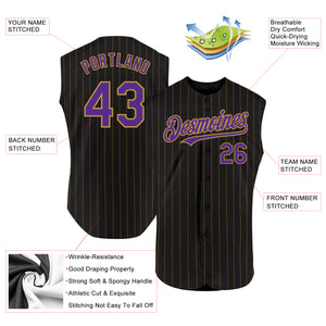 Custom Black Old Gold Pinstripe Purple Authentic Sleeveless Baseball Jersey