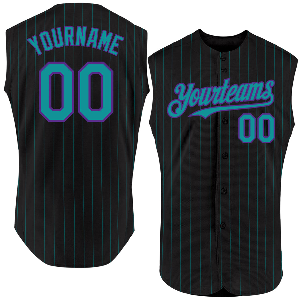 Custom Black Teal Pinstripe Purple Authentic Sleeveless Baseball Jersey