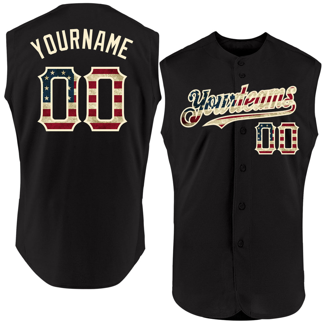 Custom Black Vintage USA Flag-Cream Authentic Sleeveless Baseball Jersey