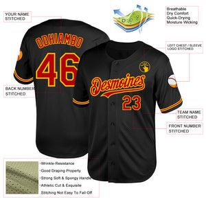 Custom Black Red-Gold Mesh Authentic Throwback Baseball Jersey