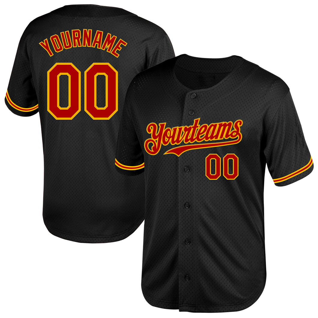 Custom Black Red-Gold Mesh Authentic Throwback Baseball Jersey