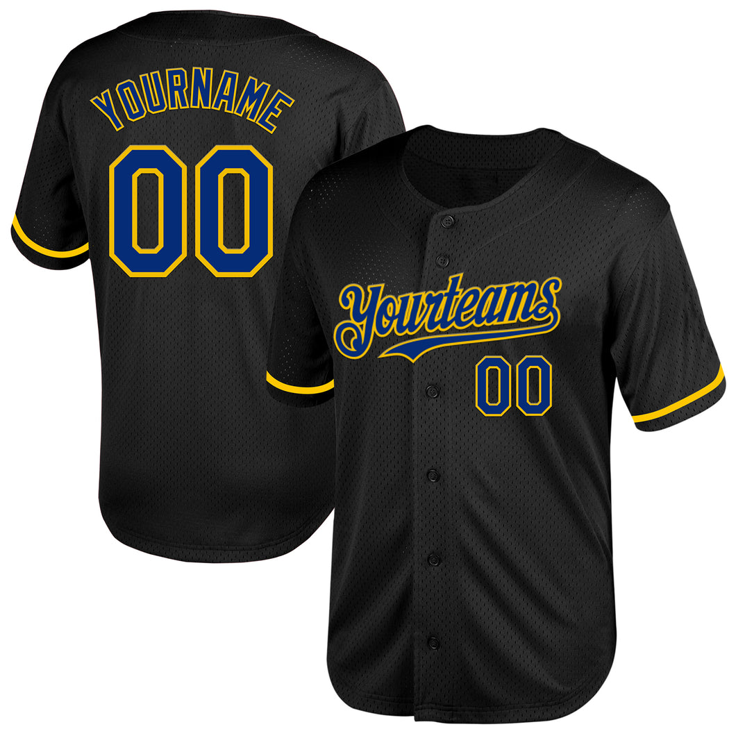 Custom Black Royal-Yellow Mesh Authentic Throwback Baseball Jersey