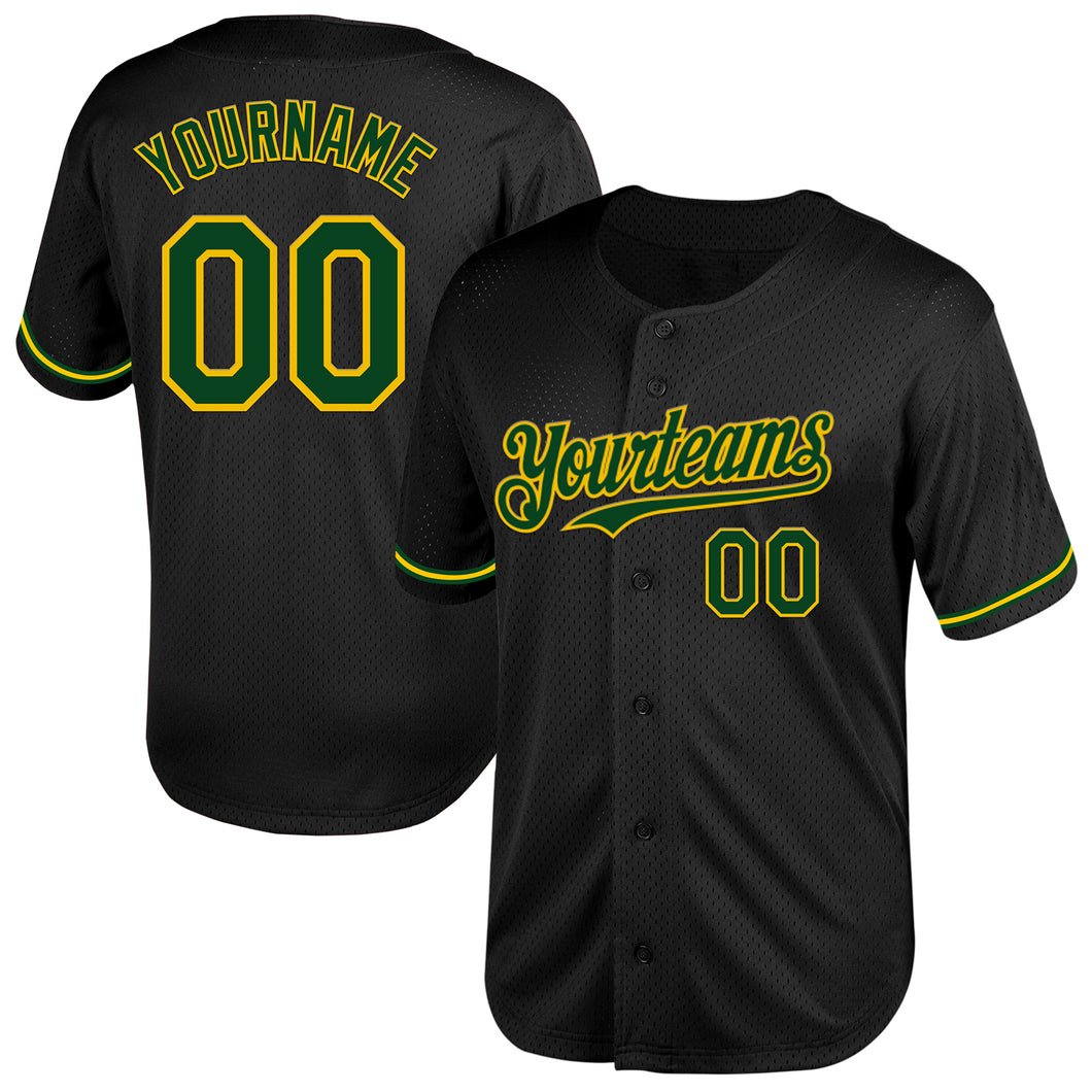 Custom Black Green-Yellow Mesh Authentic Throwback Baseball Jersey