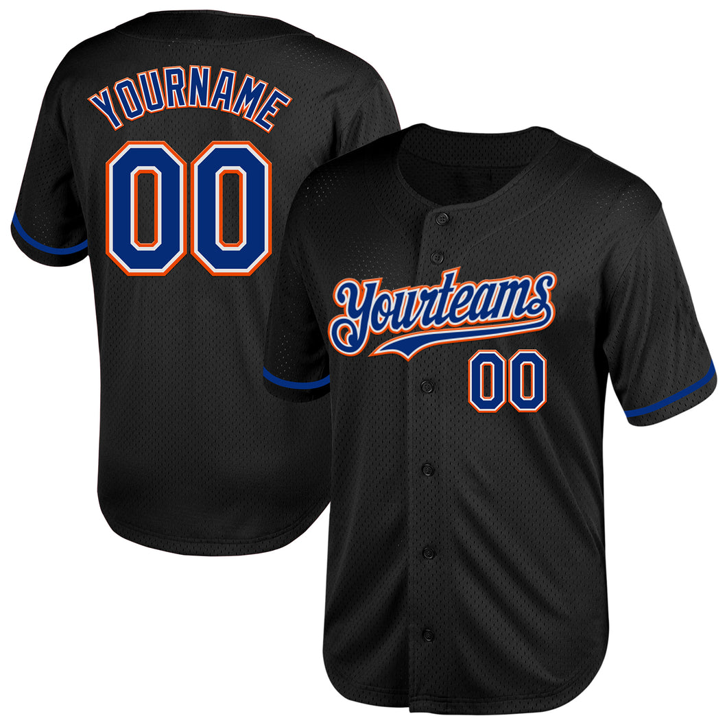 Custom Black Royal-Orange Mesh Authentic Throwback Baseball Jersey