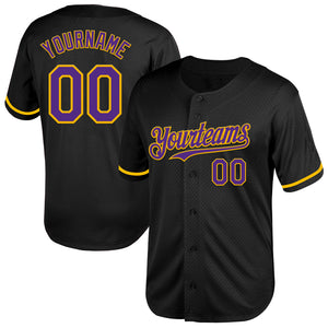 Custom Black Purple-Gold Mesh Authentic Throwback Baseball Jersey