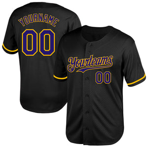 Custom Black Dark Purple-Gold Mesh Authentic Throwback Baseball Jersey