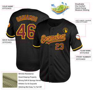 Custom Black Burgundy-Gold Mesh Authentic Throwback Baseball Jersey