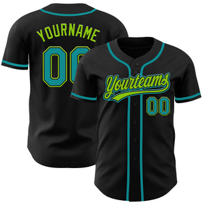 Custom Black Teal-Neon Green Authentic Baseball Jersey