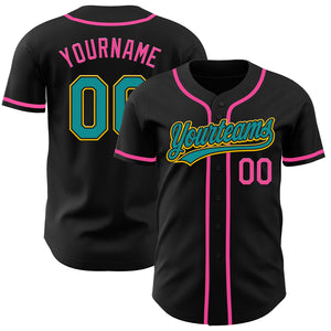 Custom Black Teal Yellow-Pink Authentic Baseball Jersey