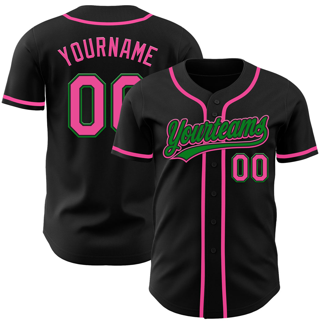 Custom Black Pink-Grass Green Authentic Baseball Jersey