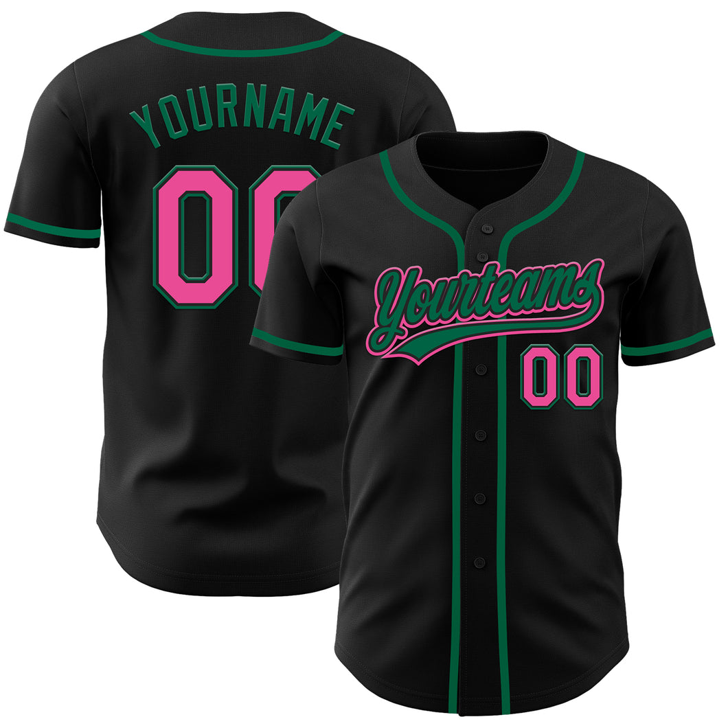 Custom Black Pink-Kelly Green Authentic Baseball Jersey