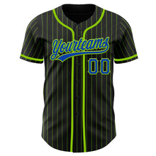 Load image into Gallery viewer, Custom Black Neon Green Pinstripe Thunder Blue Authentic Baseball Jersey
