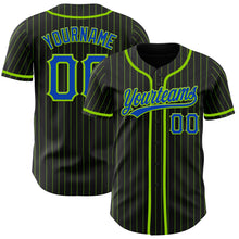 Load image into Gallery viewer, Custom Black Neon Green Pinstripe Thunder Blue Authentic Baseball Jersey
