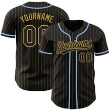 Laden Sie das Bild in den Galerie-Viewer, Custom Black Old Gold Pinstripe Light Blue Authentic Baseball Jersey
