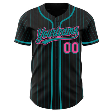 Custom Black Teal Pinstripe Pink Authentic Baseball Jersey