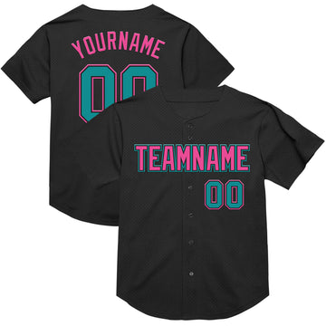 Custom Black Teal-Pink Mesh Authentic Throwback Baseball Jersey