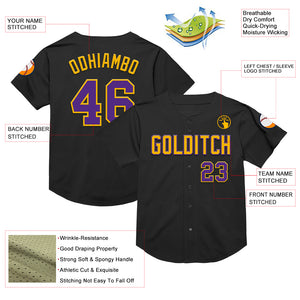 Custom Black Purple-Gold Mesh Authentic Throwback Baseball Jersey