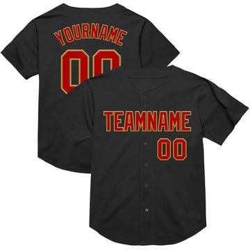 Custom Black Red-Old Gold Mesh Authentic Throwback Baseball Jersey