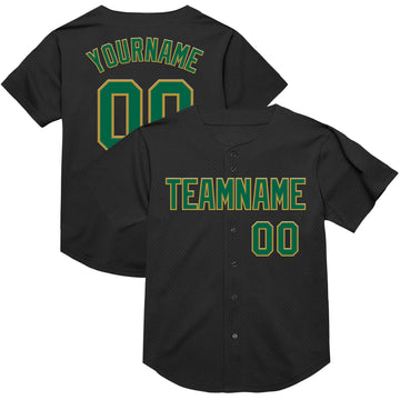 Custom Black Kelly Green-Old Gold Mesh Authentic Throwback Baseball Jersey