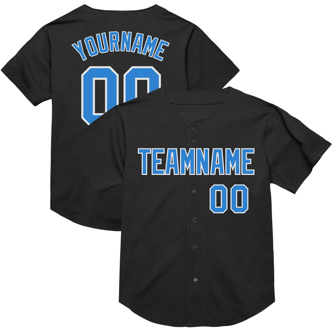 Custom Black Electric Blue-White Mesh Authentic Throwback Baseball Jersey