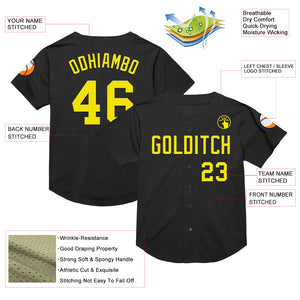 Custom Black Light Yellow Mesh Authentic Throwback Baseball Jersey