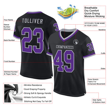 Custom Black Purple-Gray Mesh Authentic Throwback Football Jersey