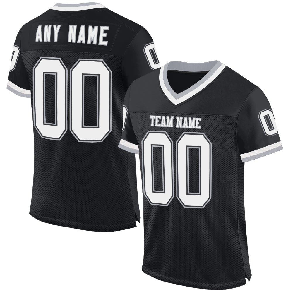 Custom Black White-Gray Mesh Authentic Throwback Football Jersey