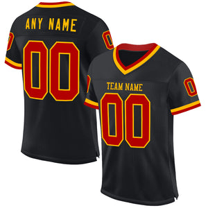 Custom Black Red-Gold Mesh Authentic Throwback Football Jersey