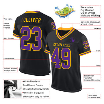 Custom Black Purple-Gold Mesh Authentic Throwback Football Jersey