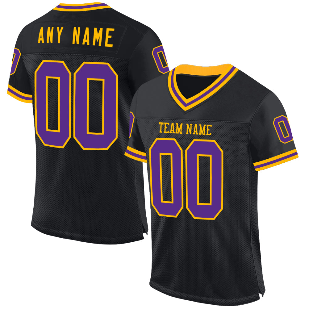 Custom Black Purple-Gold Mesh Authentic Throwback Football Jersey