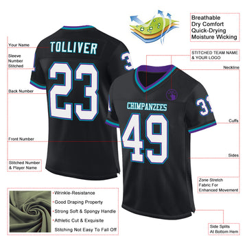 Custom Black Purple-Teal Mesh Authentic Throwback Football Jersey