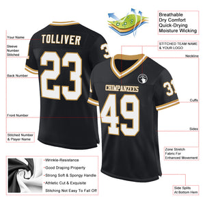 Custom Black White-Old Gold Mesh Authentic Throwback Football Jersey