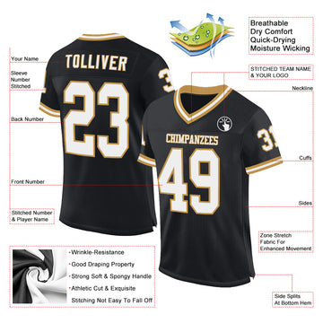 Custom Black White-Old Gold Mesh Authentic Throwback Football Jersey