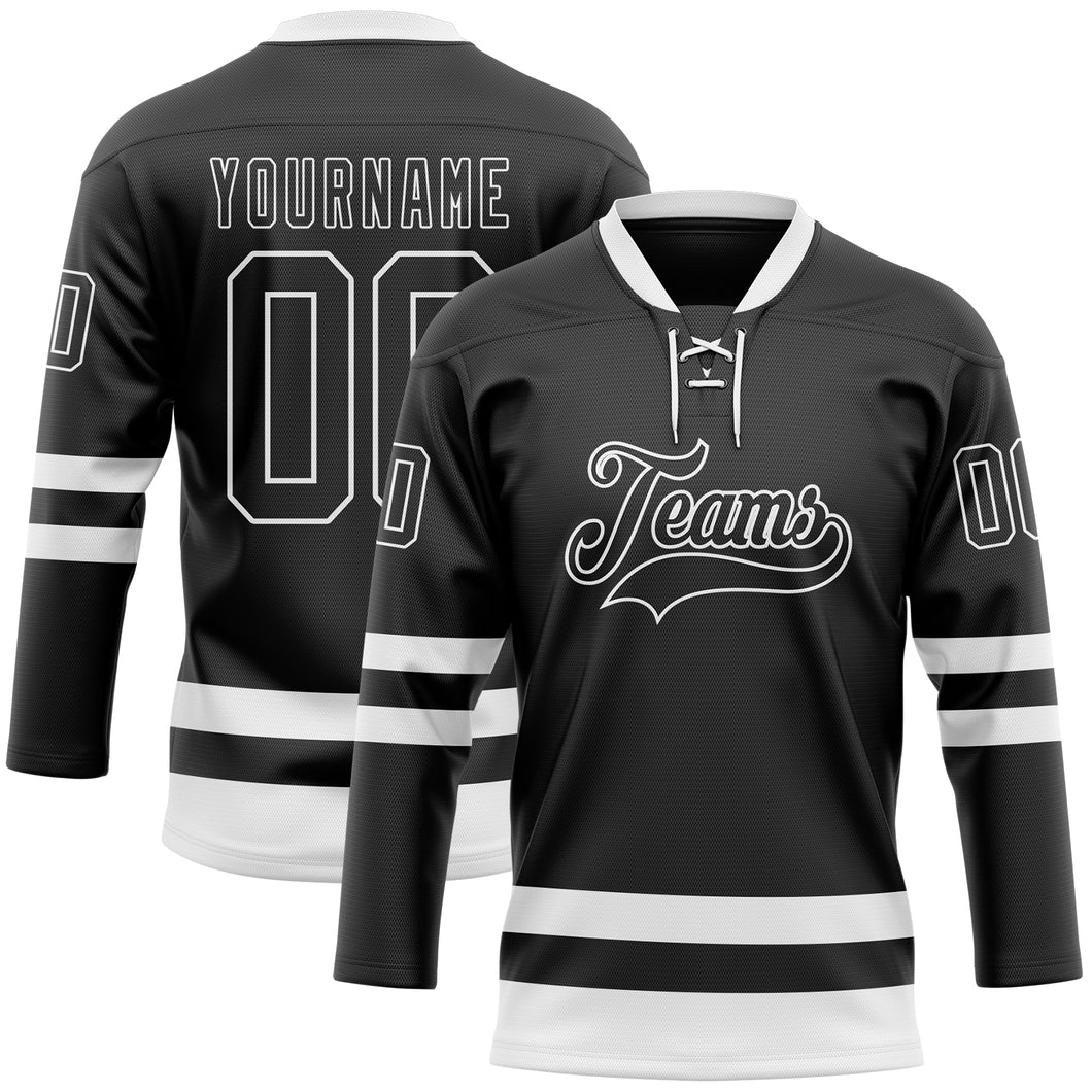 Custom Black White Hockey Lace Neck Jersey